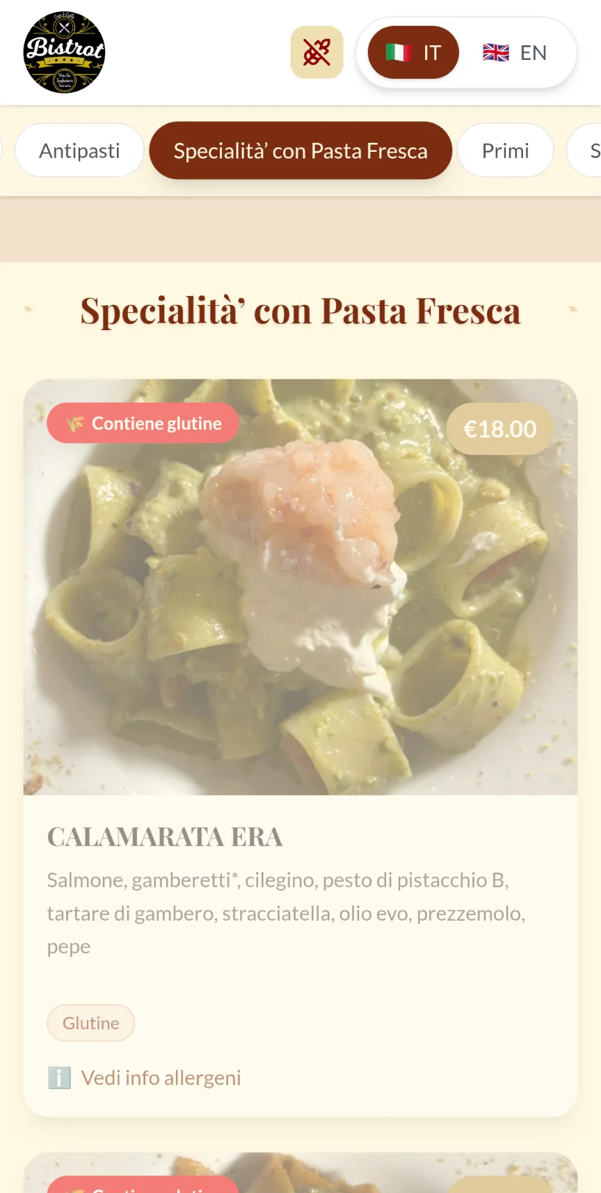Menu di Bistrot 107 con il filtro senza glutine attivo: i piatti con glutine sono sbiaditi e segnalati